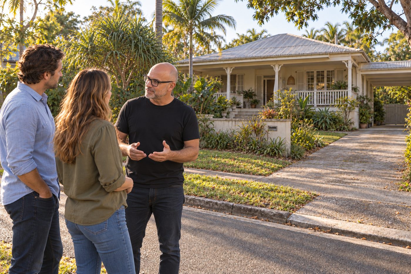 Illustration: discussing an older Noosa style home from the street.